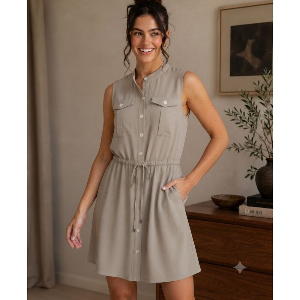 Nine West Beige Sleeveless Shirt Dress L Button Front Drawstring Waist Pockets